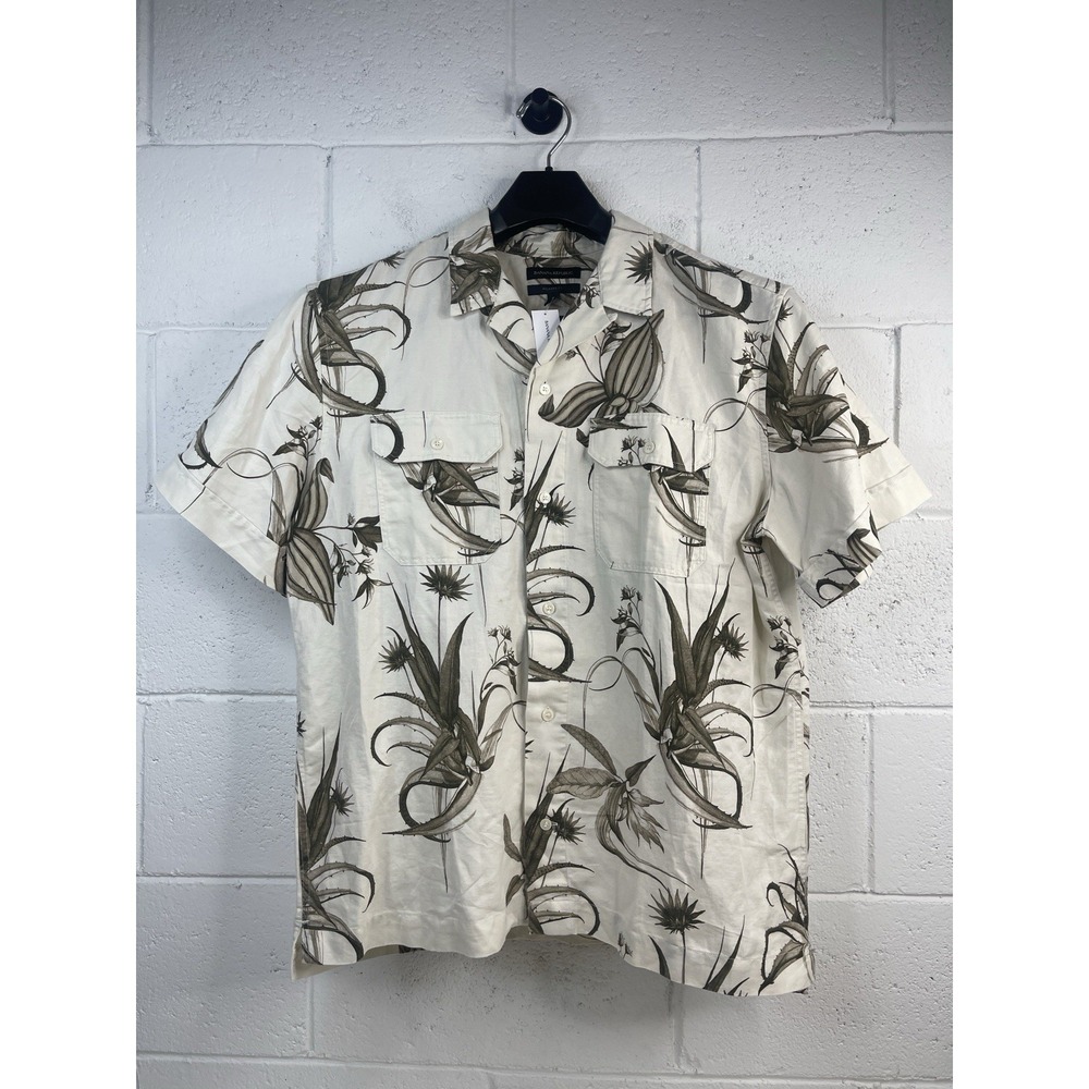 Banana Republic Short Sleeve Button Up Shirt Mens L Beige Green Botanical Print